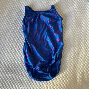 Lavalune gymnastics leotard, Child Medium.  Blue with pink design.